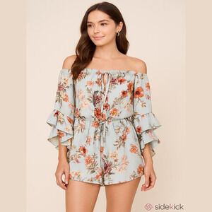 Blush Red and Pink Ruffled Bell Sleeve Off Shoulder Jumpsuit